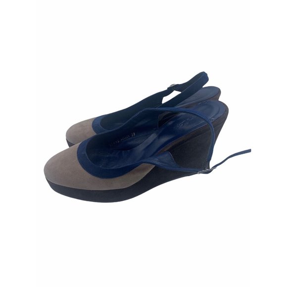 Boden Size 39 (US Size 8) Dark Blue & Beige Leather Slingback Wedges - Picture 3 of 8